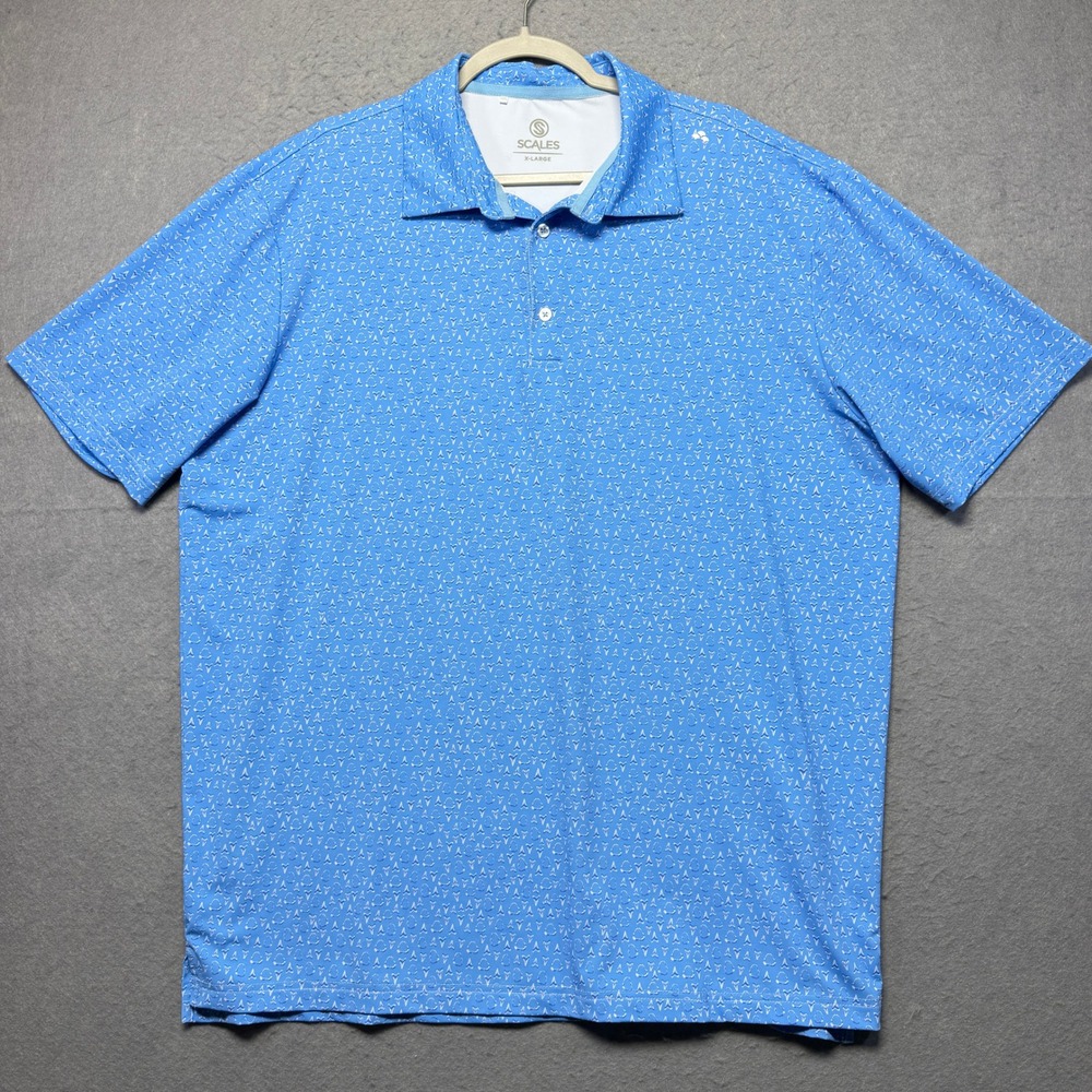 Scales Mens Performance Polo Shirt XL Blue Shark Tooth Print Short Sleeve Golf